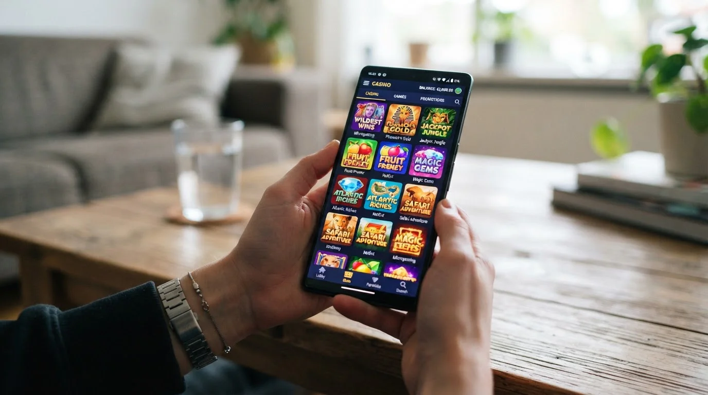 Mobile phone displaying casino game library with multiple slot titles visible