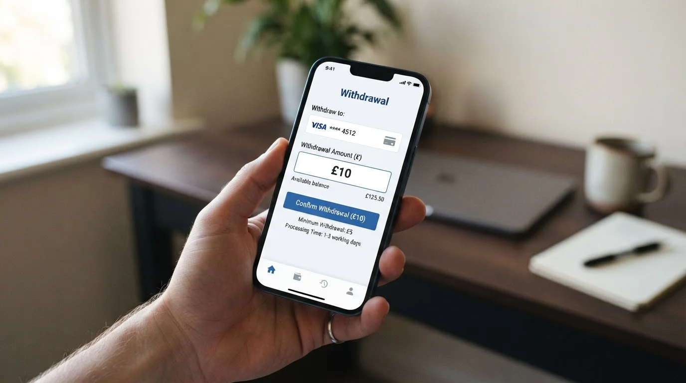 Mobile phone displaying casino withdrawal screen