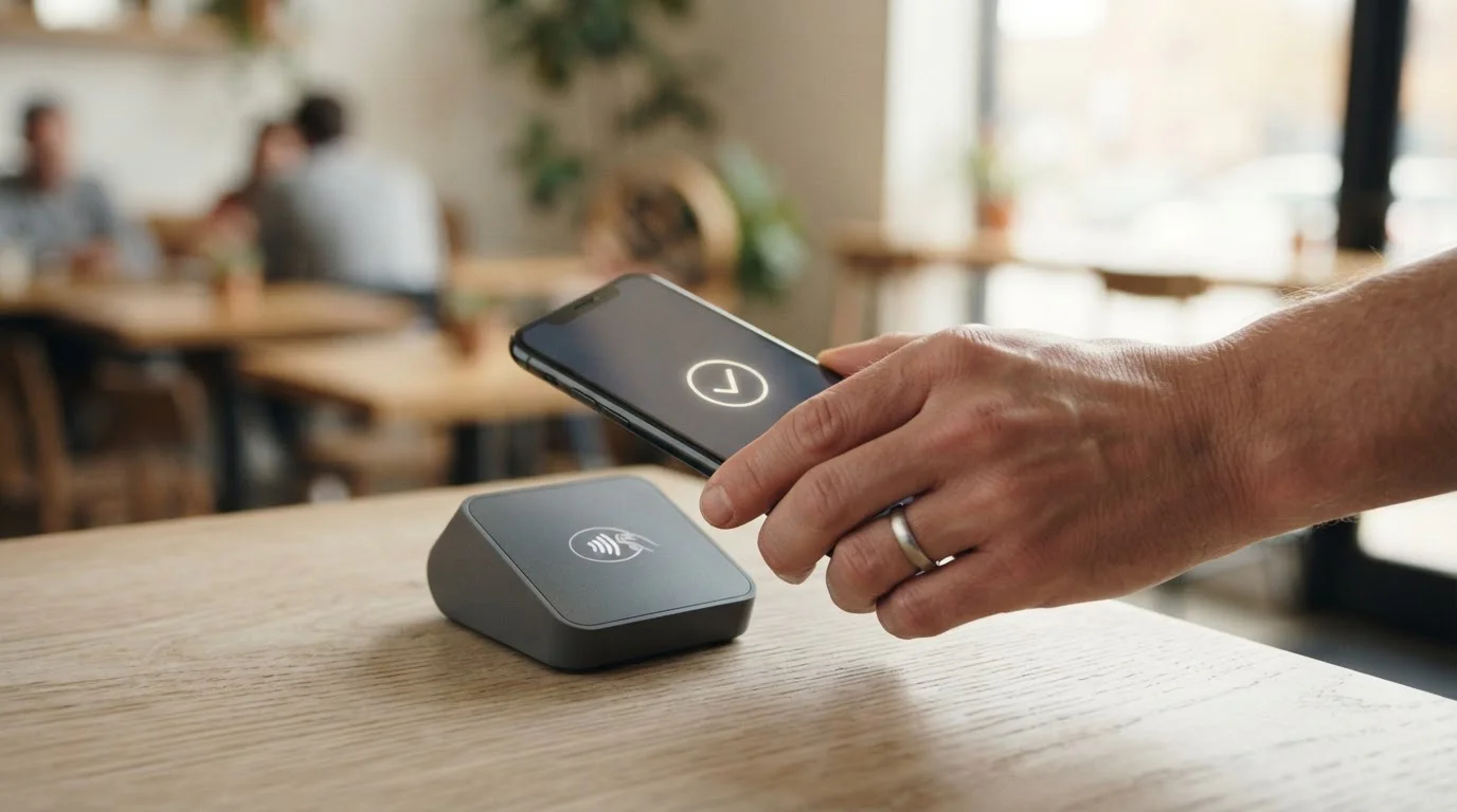 Hand holding a smartphone tapped against a contactless terminal in a bright room