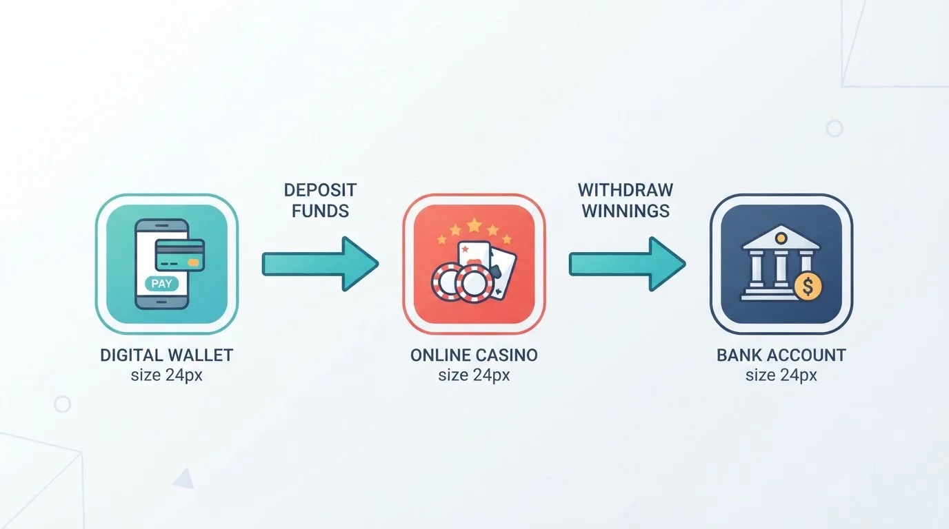 E-wallet transaction flow diagram showing deposit and withdrawal process