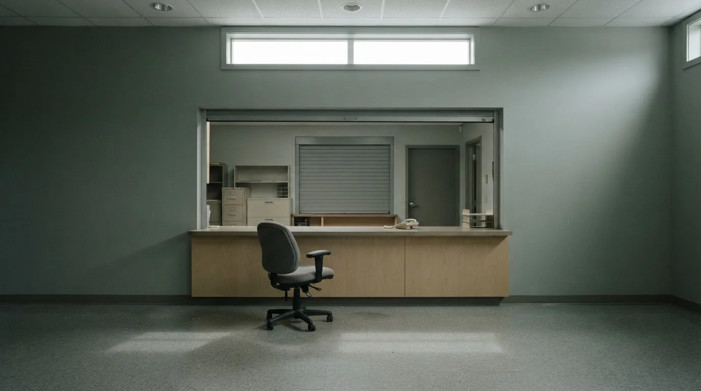 Empty reception desk with a closed complaints window