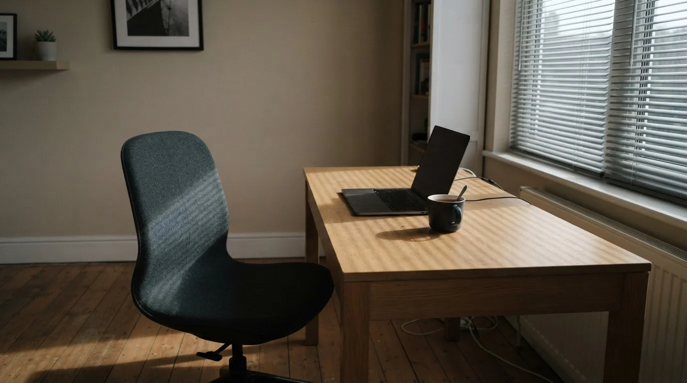 Empty desk chair beside a laptop closed on an office table