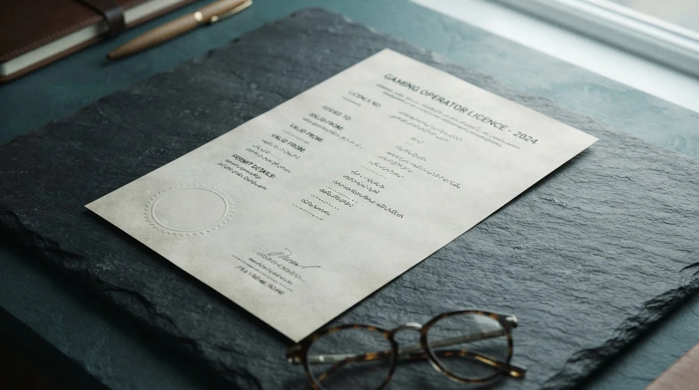 Neutral offshore gaming licence document on a desk without any crest or emblem