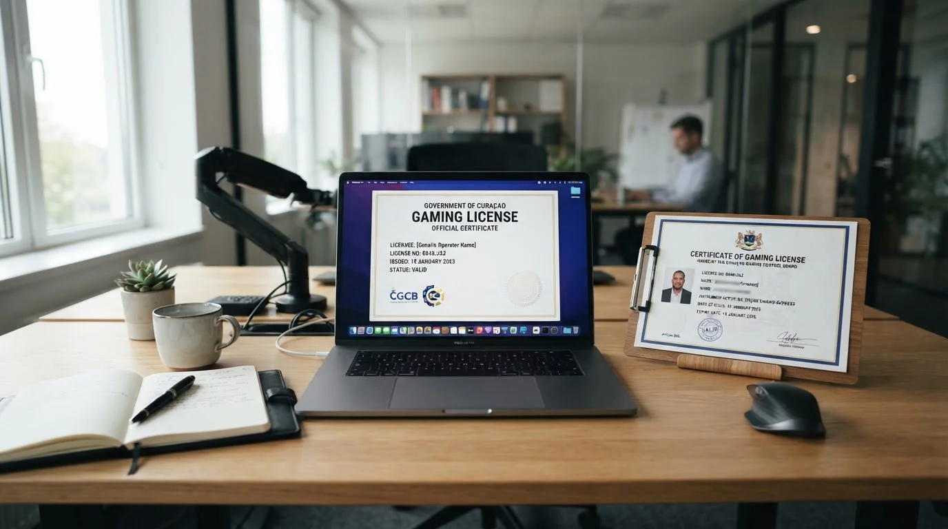 Modern office desk with casino license document and laptop showing withdrawal confirmation