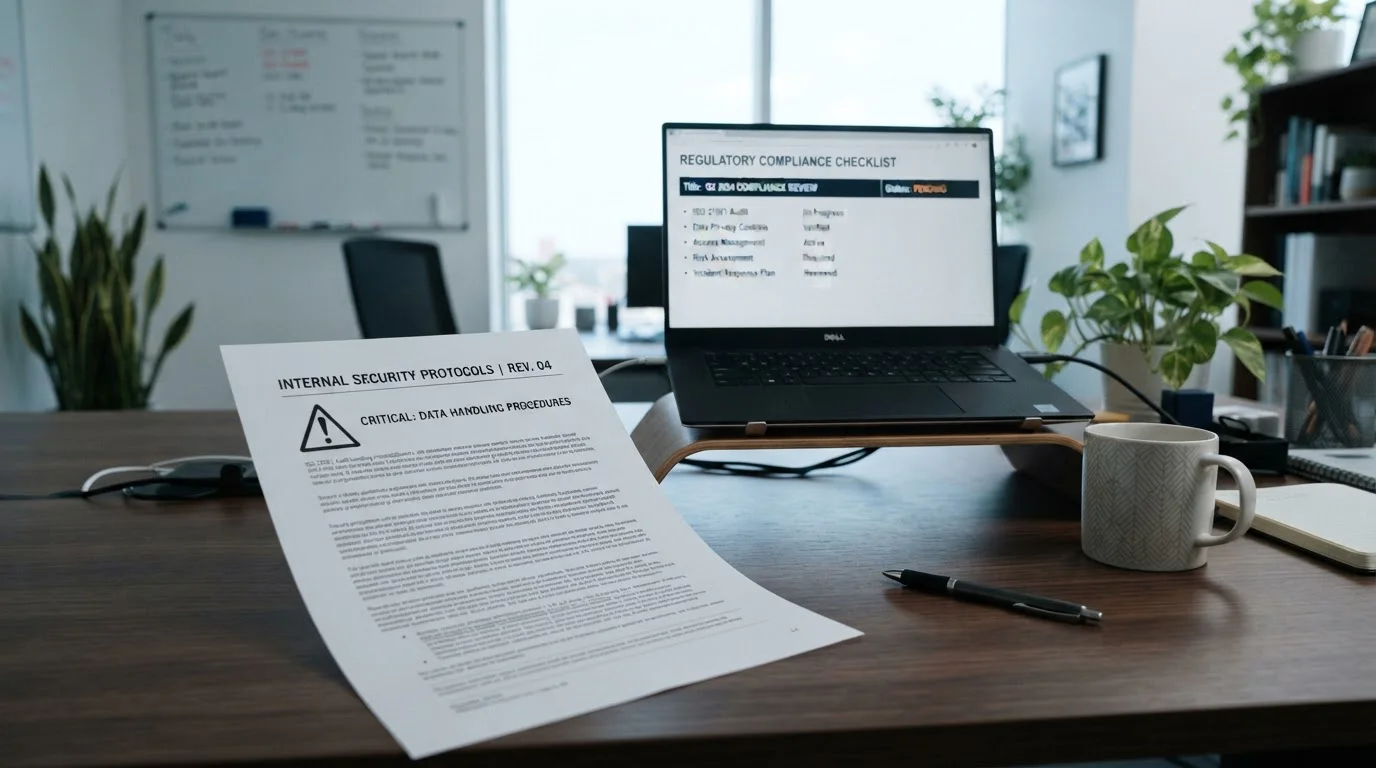 Printed warning document with symbol beside laptop showing compliance checklist