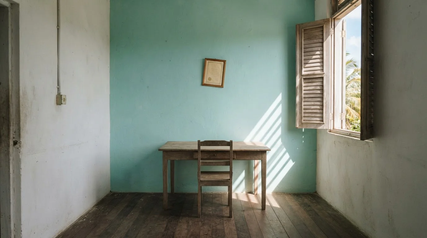 Empty harbour office with a plain unmarked certificate framed on the wall