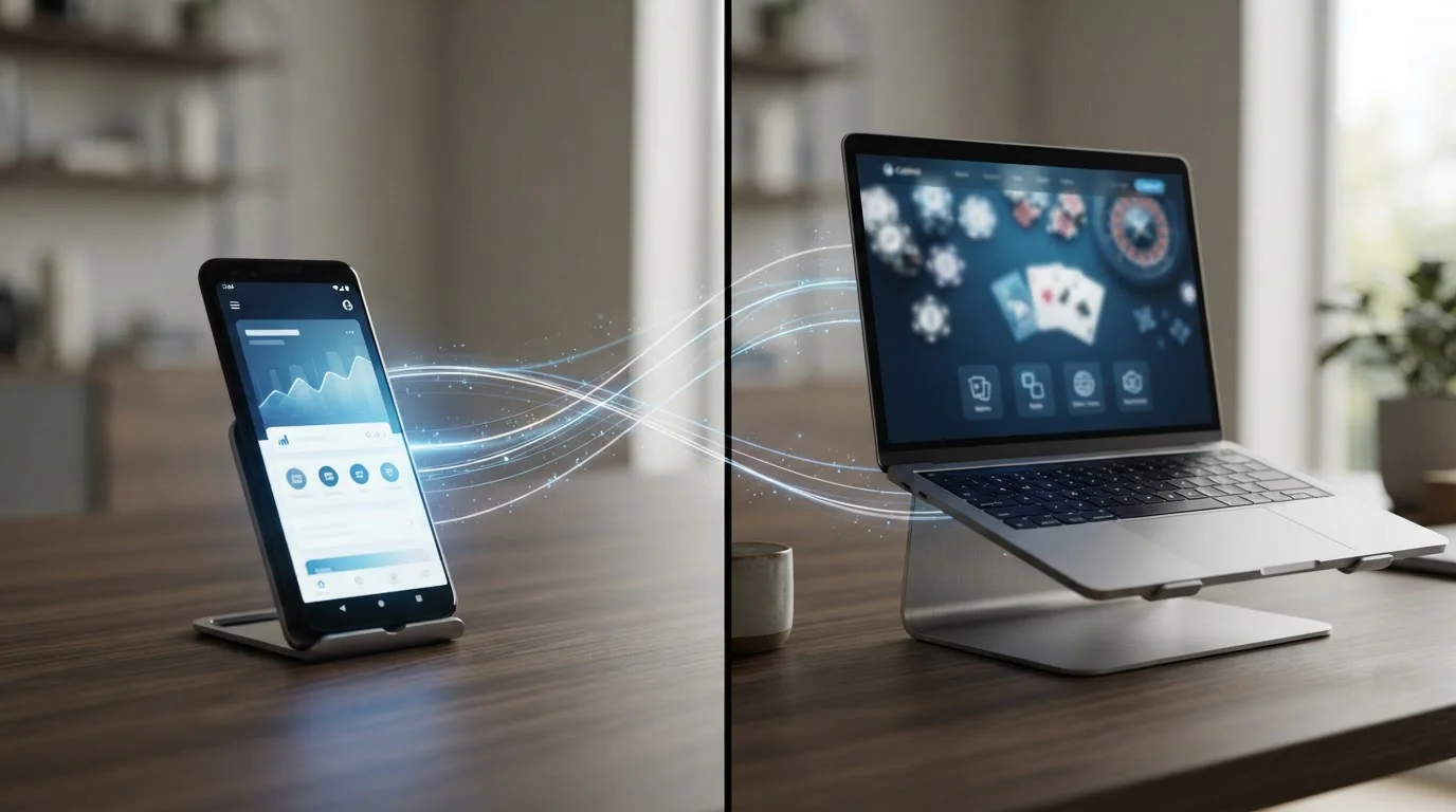 Split screen showing smartphone banking app and laptop casino interface with data flow visualization