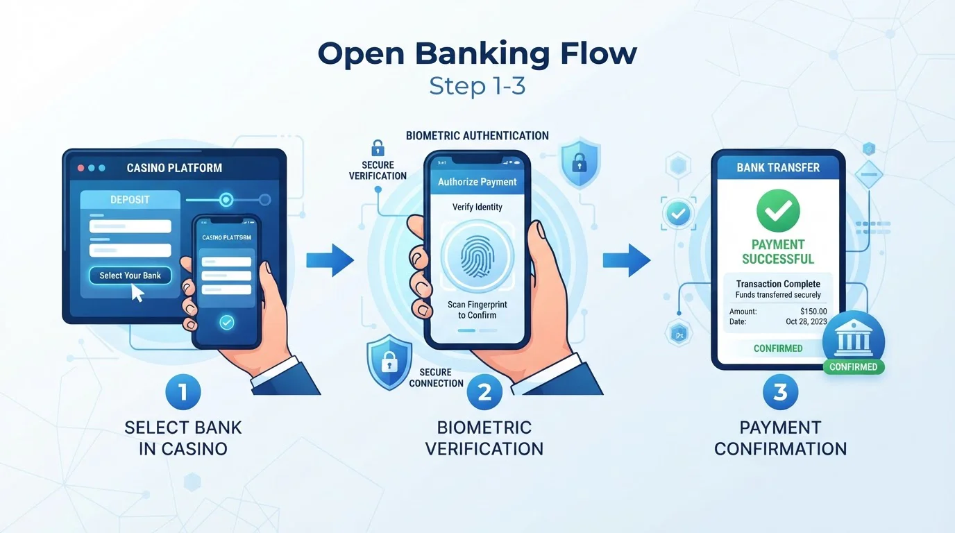 Open Banking payment flow diagram showing bank authentication and Faster Payments settlement