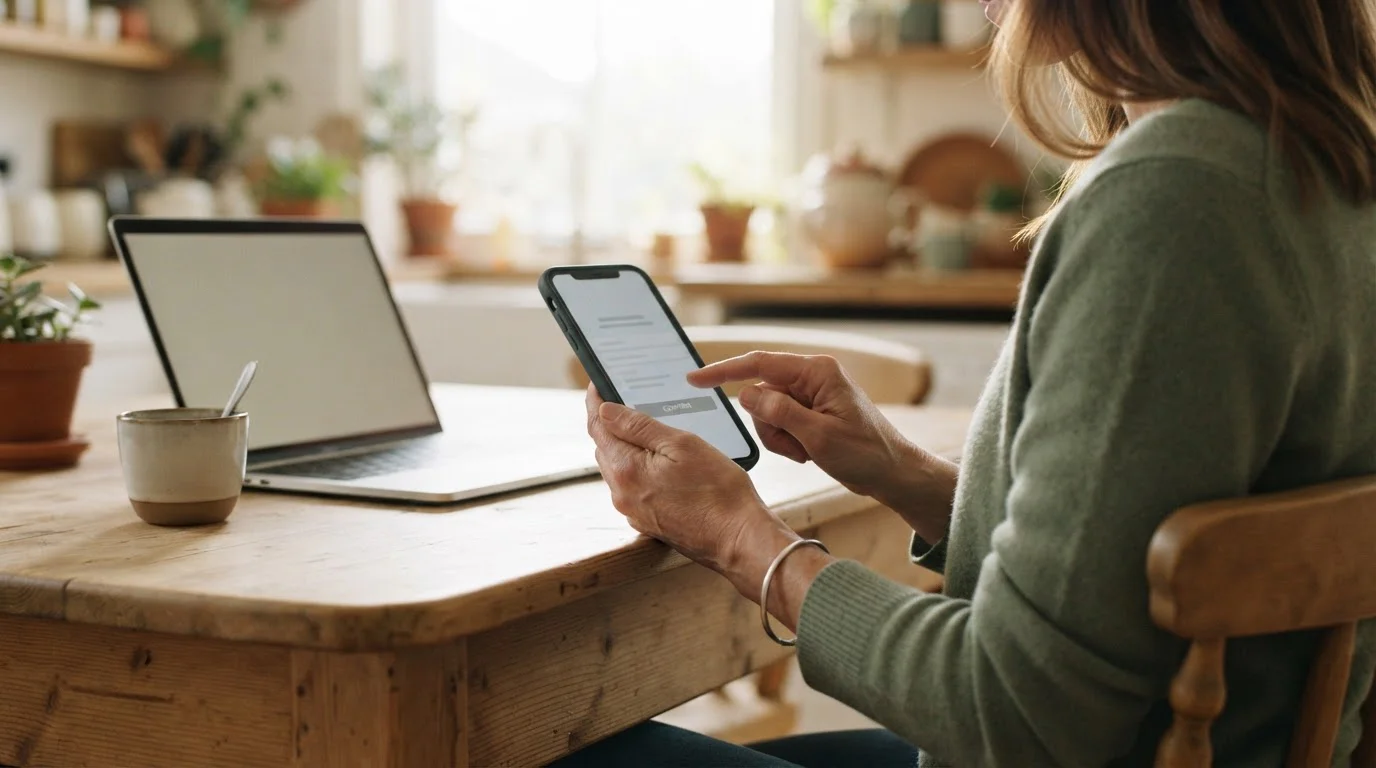 Person approving a payment in a mobile banking app at a kitchen table