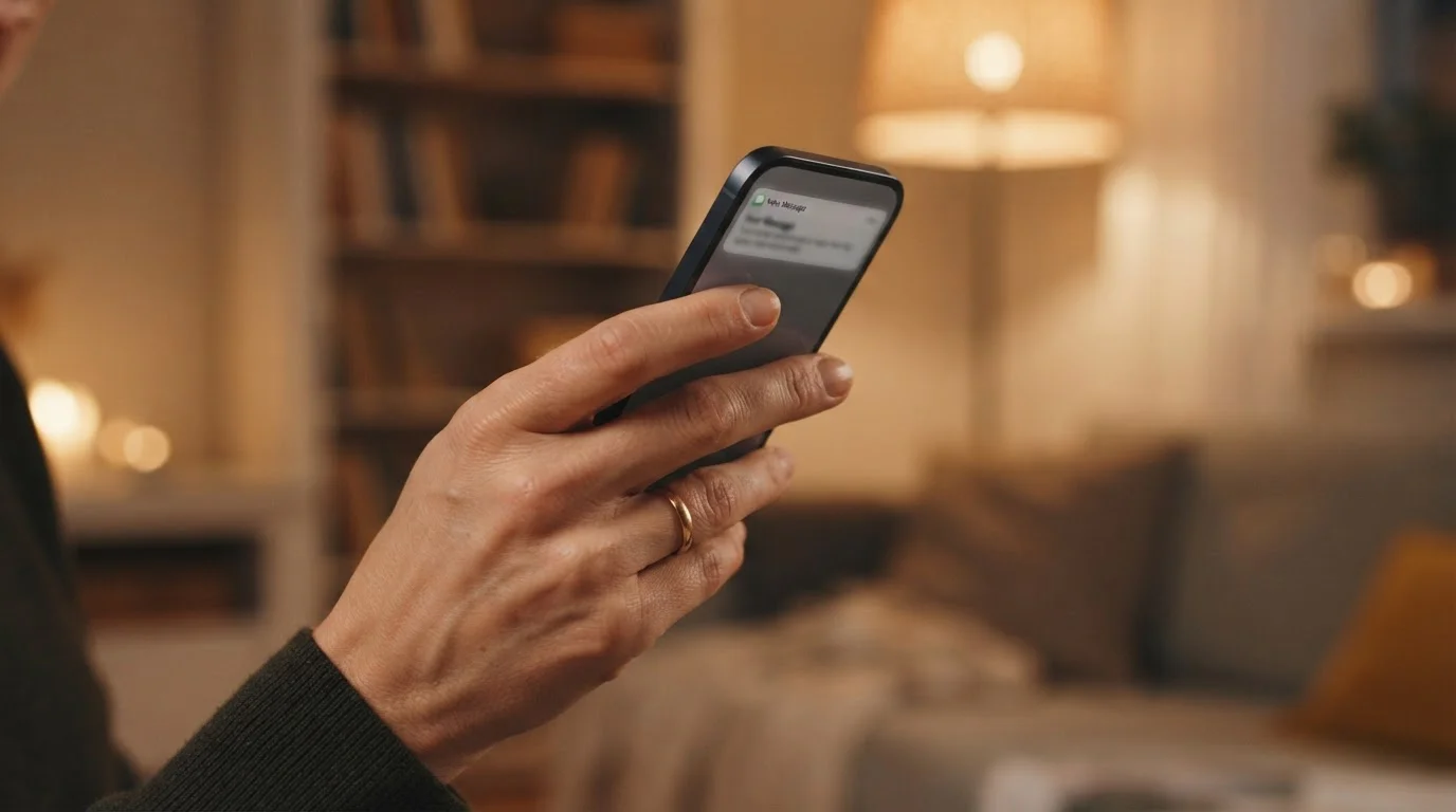 Hand holding a phone displaying an incoming text message confirmation