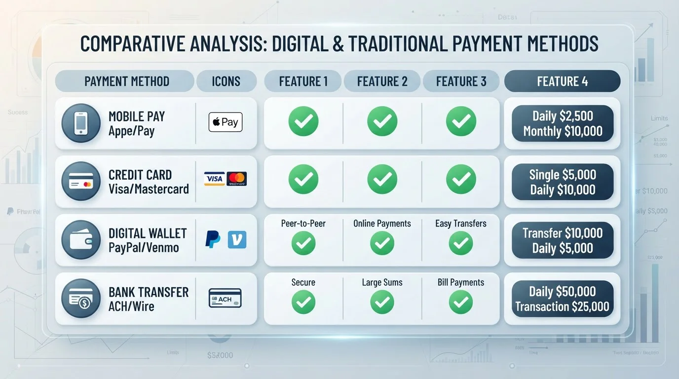 Comparison chart showing mobile billing versus debit cards and e-wallets with checkmarks and limits
