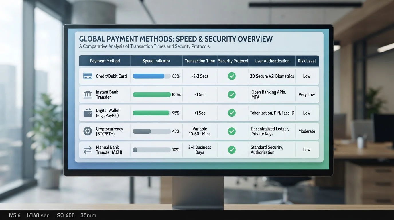 Comparison table showing payment methods with speed and security indicators across different options