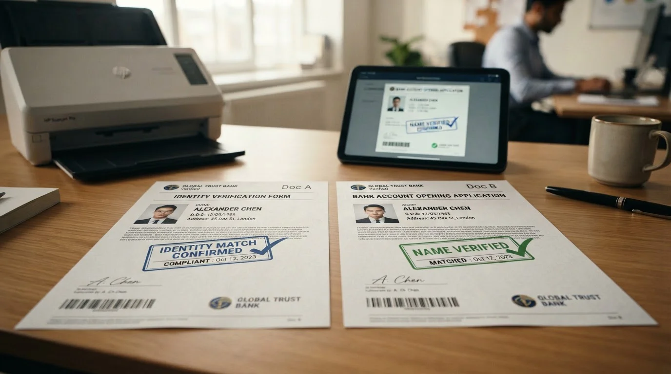 Document verification check showing name matching requirement between accounts