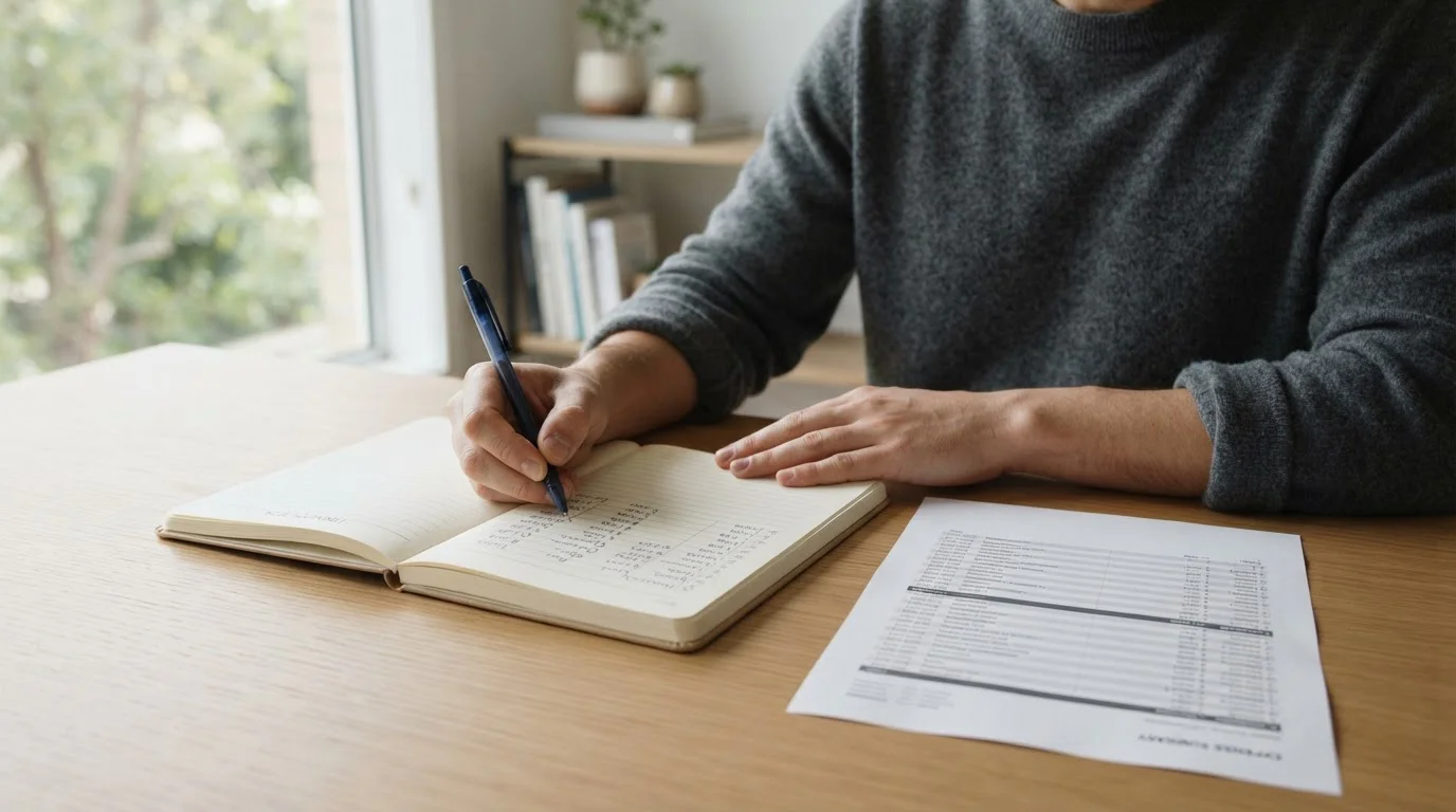 Person writing figures in a notebook beside a printed itemised statement