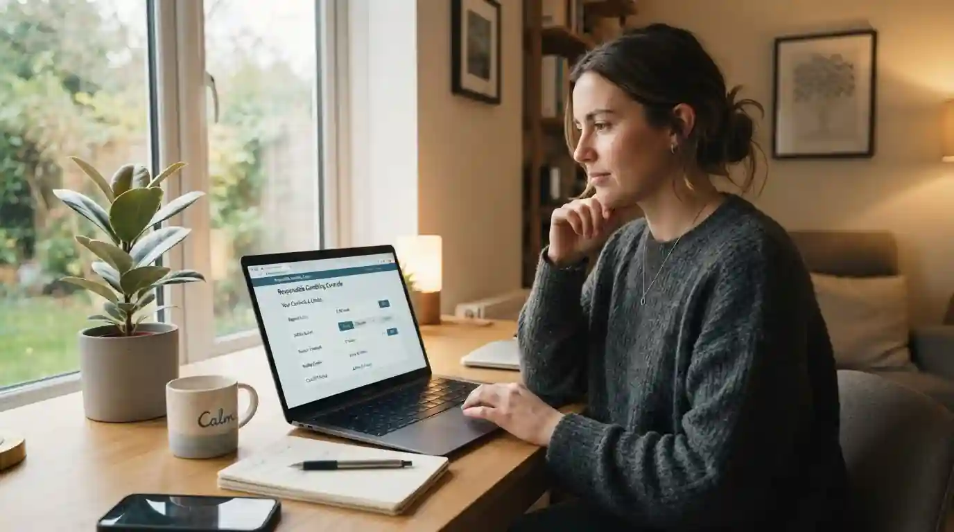 Person looking at laptop screen showing responsible gambling tools and self-exclusion options