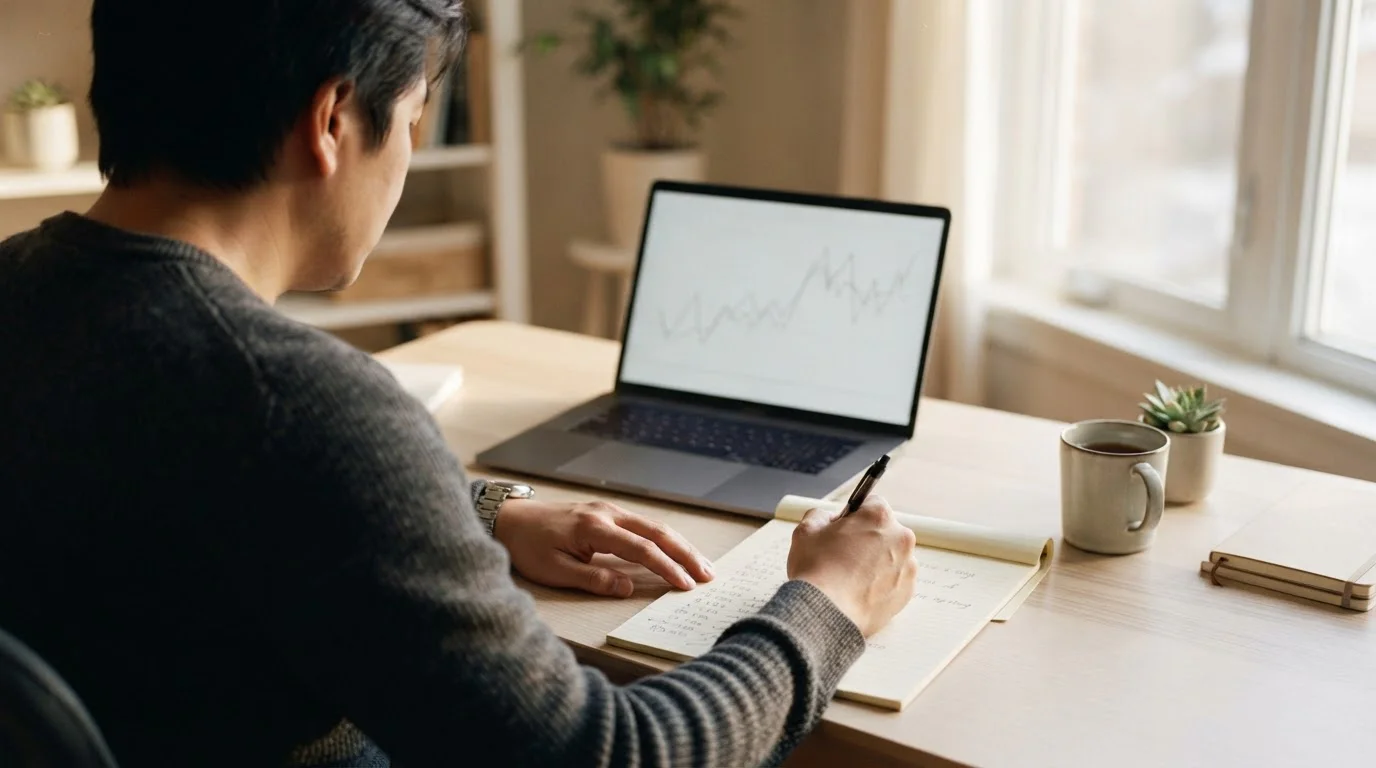 Person at a desk working through costs with pen and notepad beside a laptop