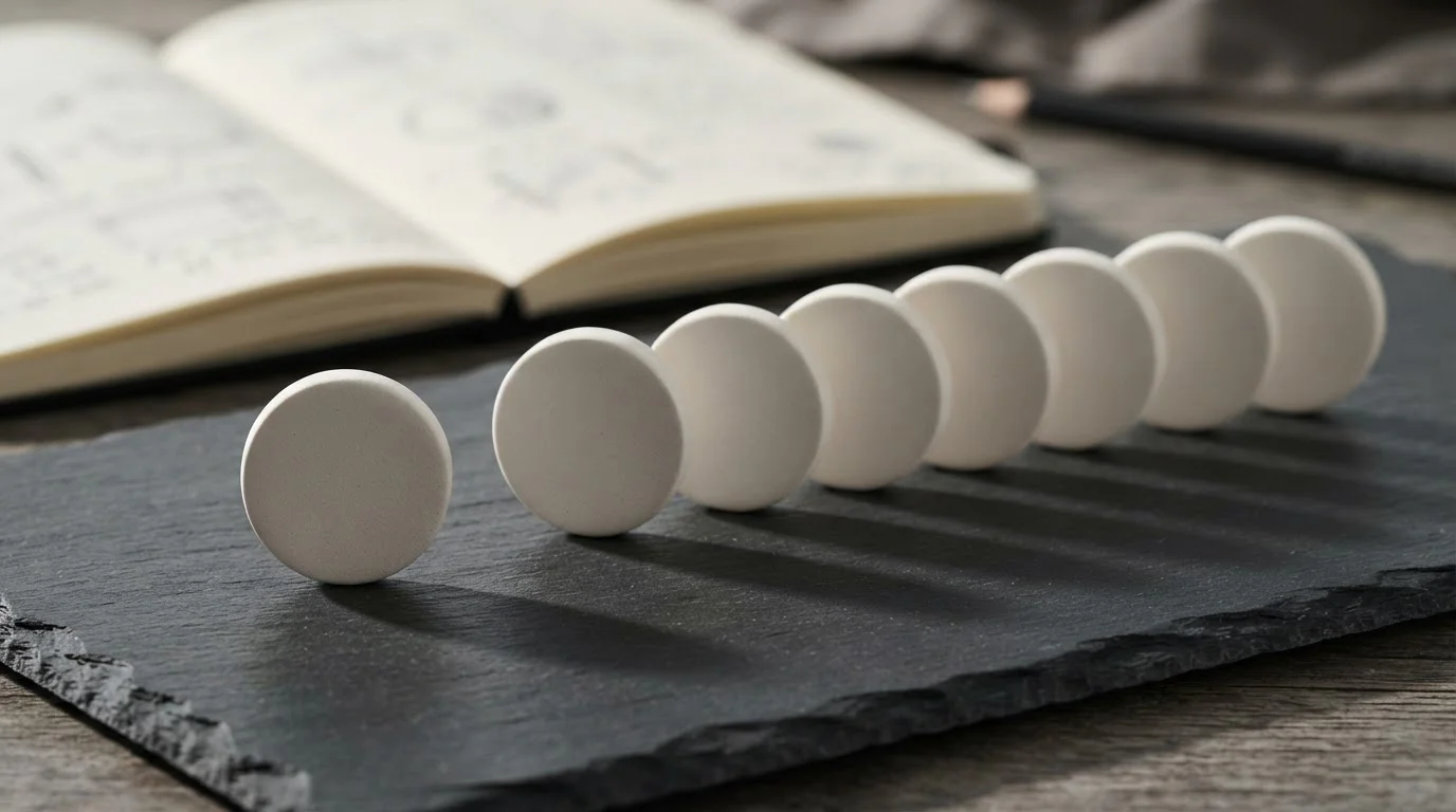 Row of unmarked tokens arranged on a plain surface beside a notebook