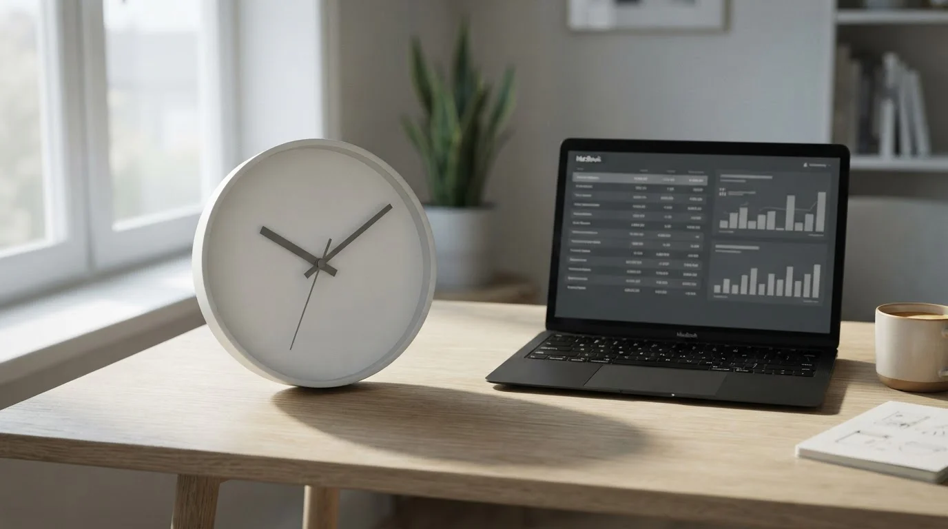 Wall clock beside a laptop showing a neutral transaction history list in soft daylight