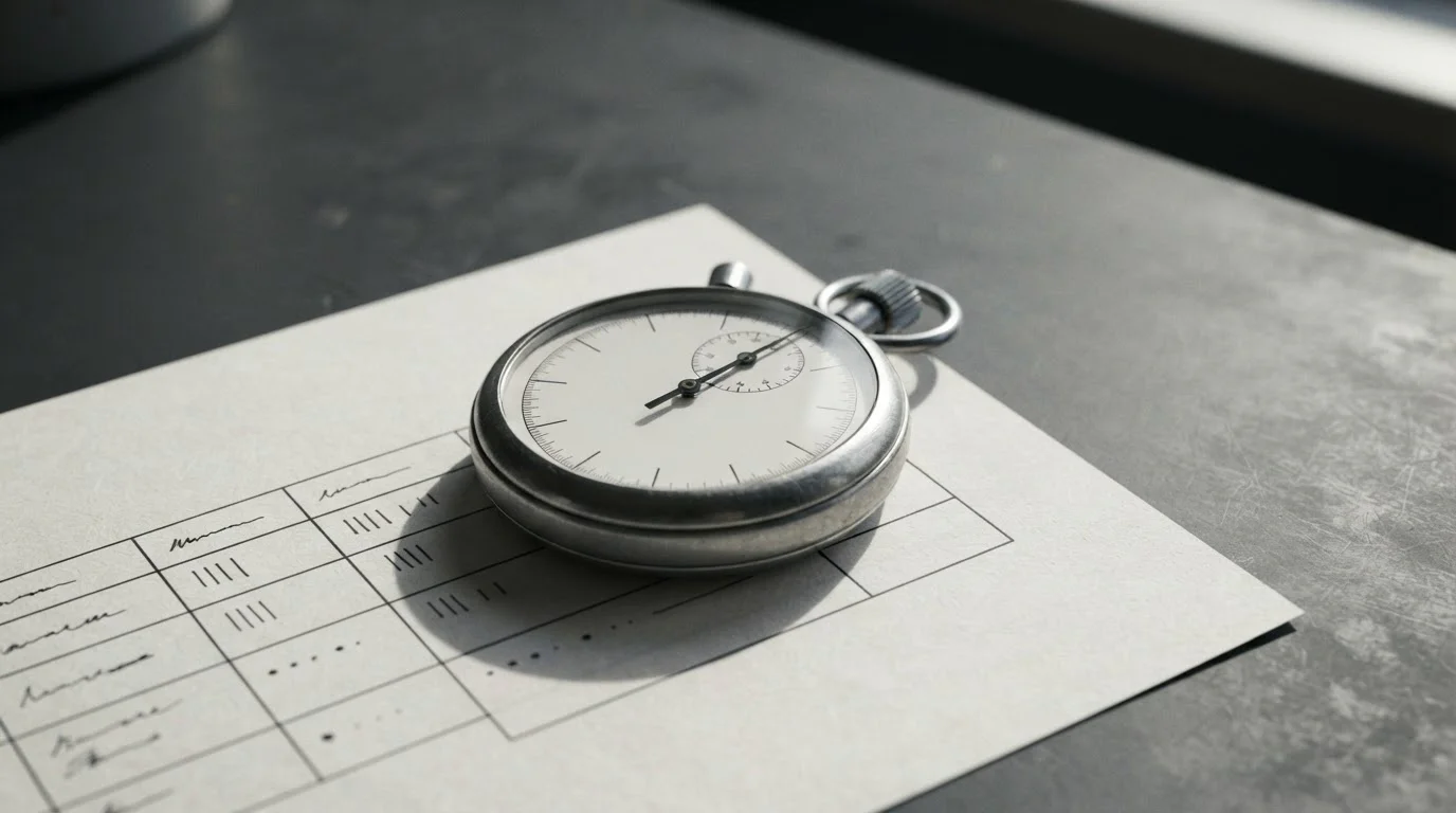 Stopwatch resting on a printed table of transfer timings on a plain desk