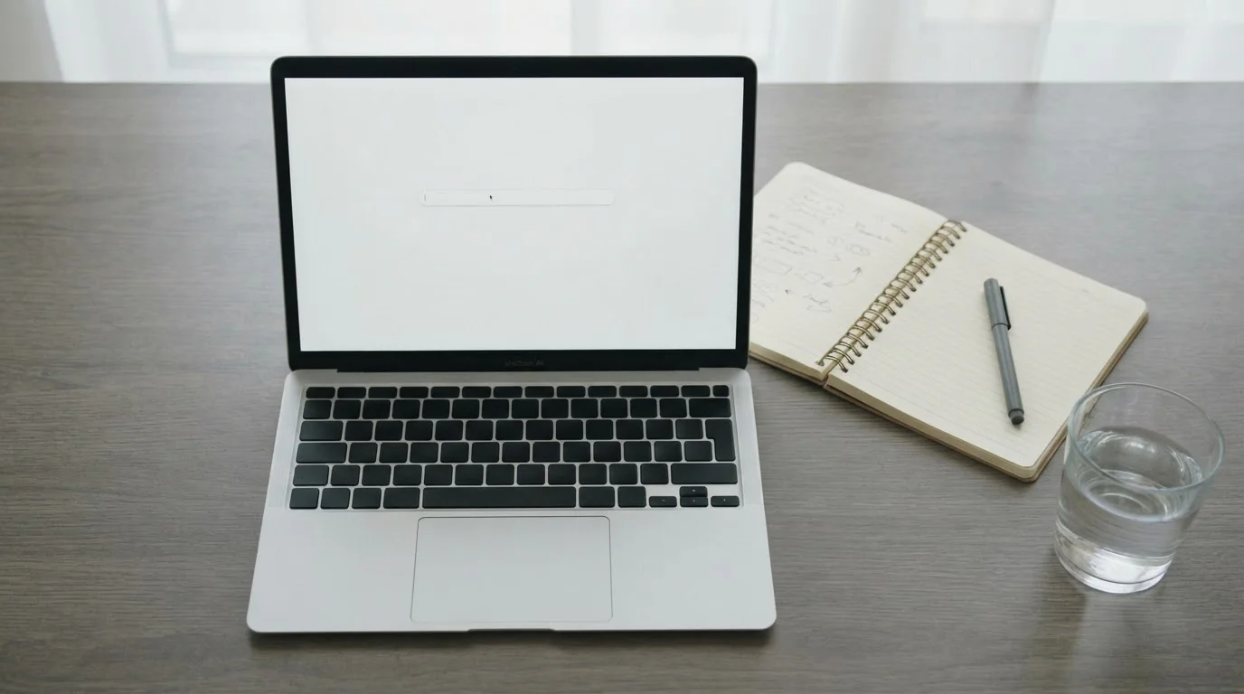 Laptop open to a plain public register search page beside a notebook of handwritten notes
