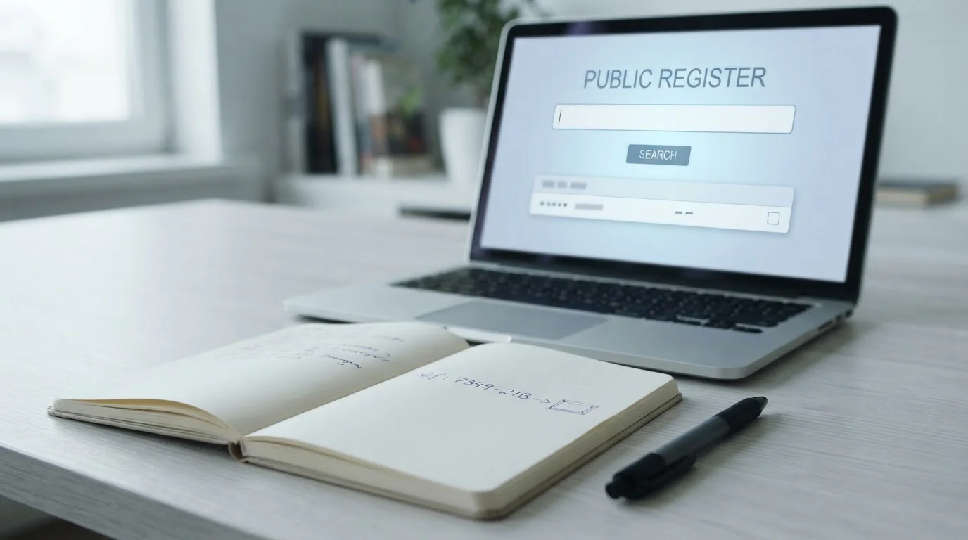 Laptop displaying a plain public register search result beside a notebook with a licence number written down