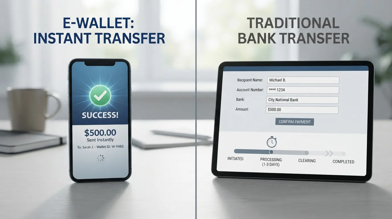 Payment methods comparison showing e-wallets and instant bank transfers