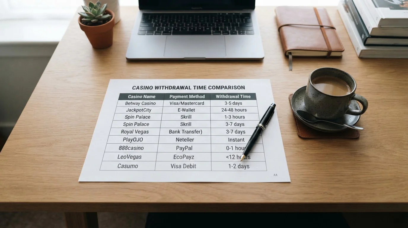 Comparison chart showing UK casino withdrawal times on desk