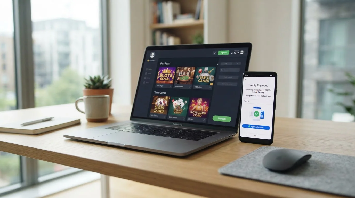 Smartphone showing UK banking app authentication next to laptop with casino website