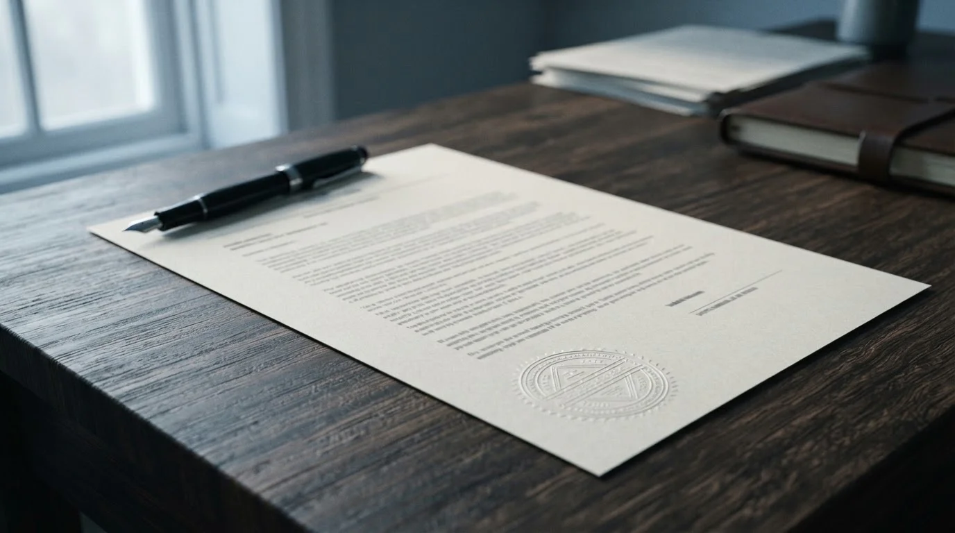 Official regulatory document with an embossed stamp on a desk