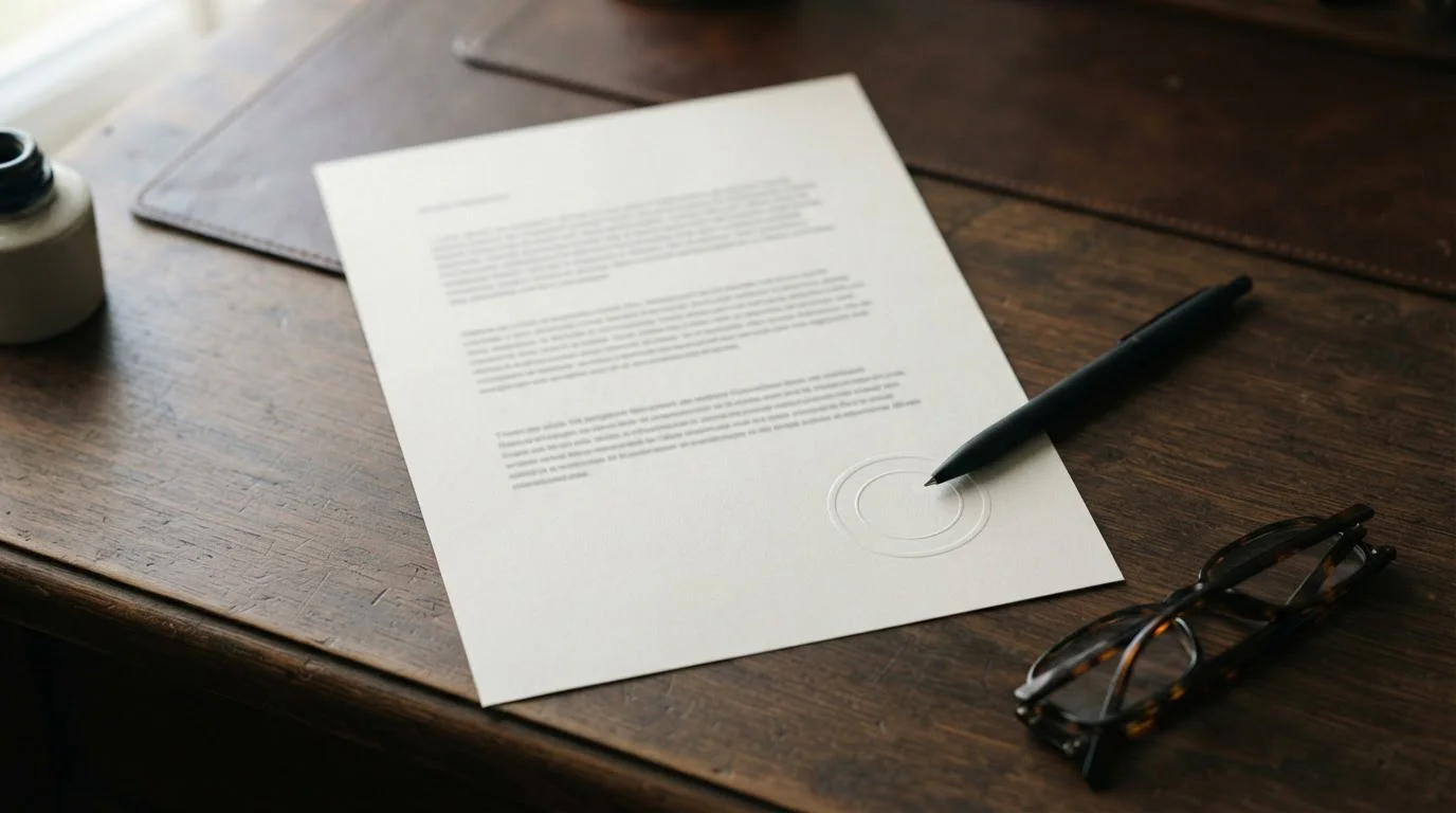 Official stamped regulatory document on a desk under soft daylight