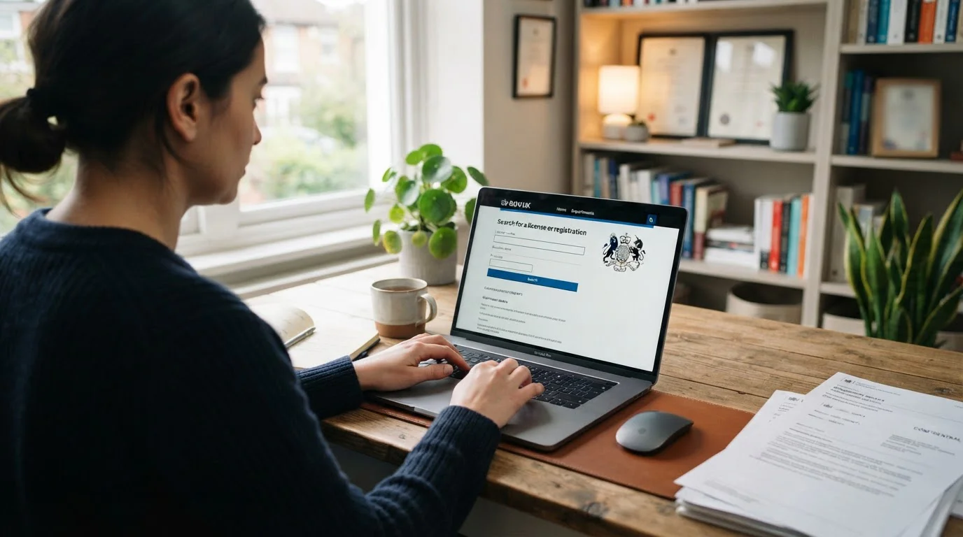 Person at desk checking UK regulatory website on laptop with official documentation visible