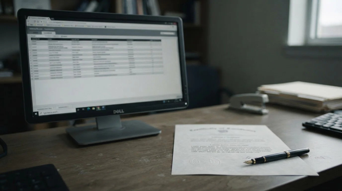 Official licence register page open on a screen beside a neutral stamped document