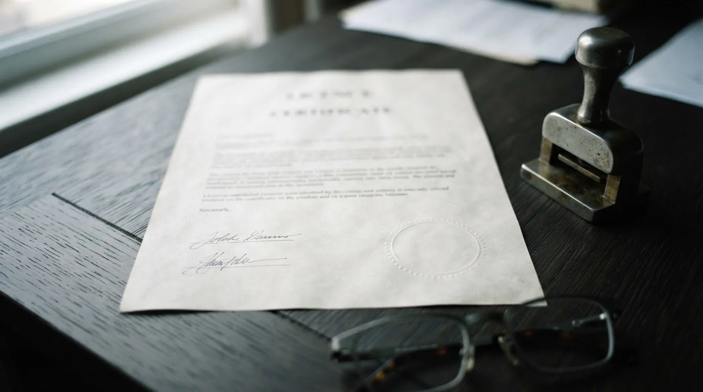 Neutral gaming licence document with an official stamp on a desk