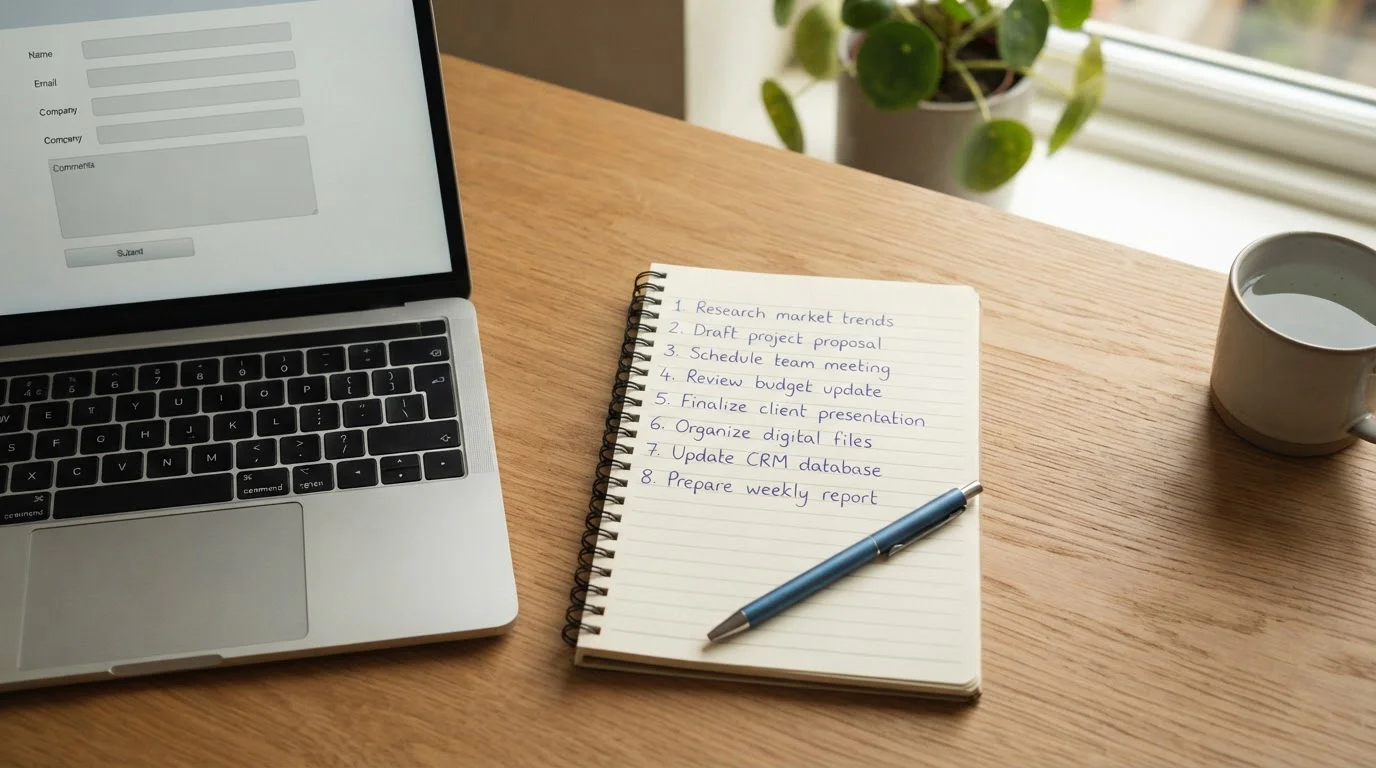 Notepad listing eight operator names beside a laptop open to a neutral cashier page