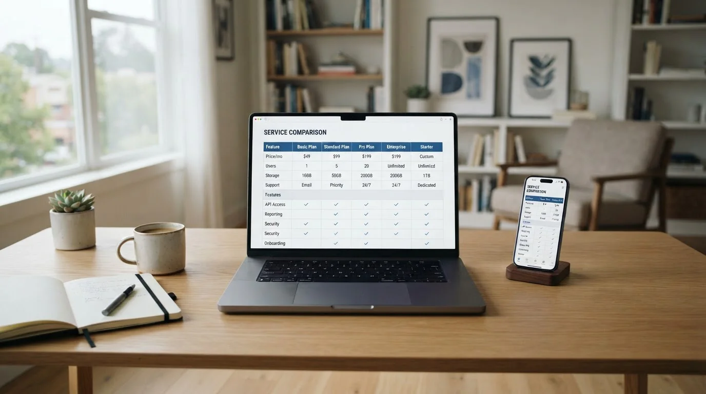 Laptop displaying casino comparison table with smartphone beside it on modern desk
