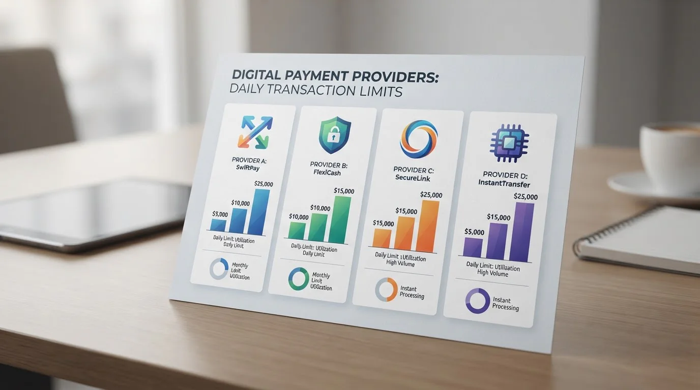 Comparison chart showing four mobile payment provider logos with transaction limit indicators