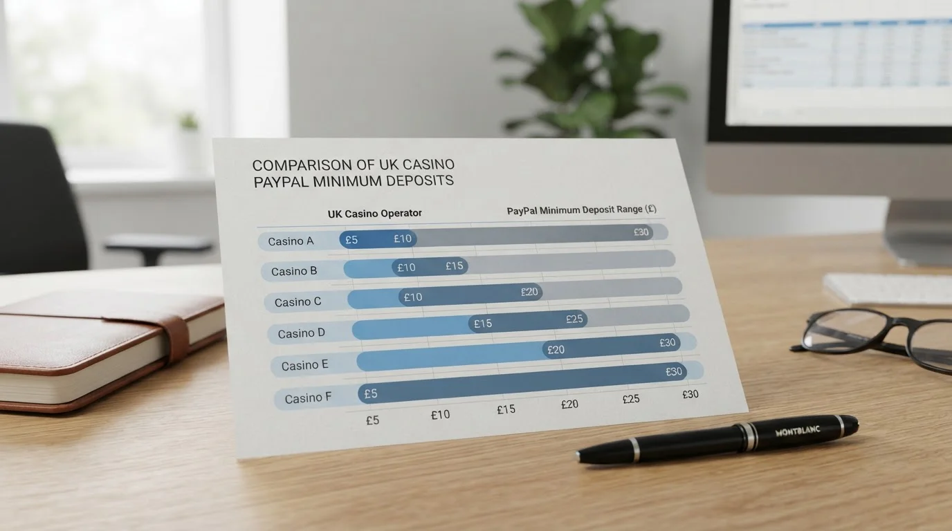 Comparison chart showing UK casino PayPal minimum deposits from £5 to £30