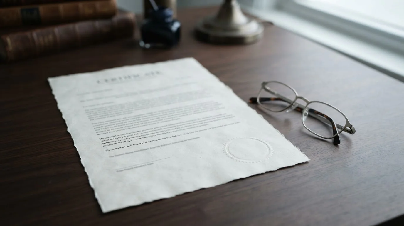Official-looking licence document with an embossed blank seal lying on a desk beside reading glasses