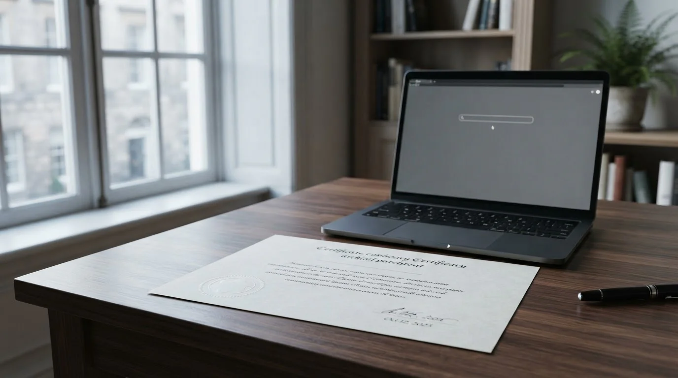 Licence certificate beside a laptop open to an operator register search