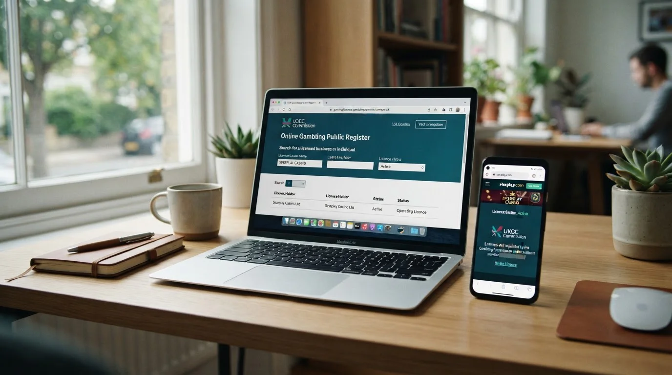 Laptop showing UKGC public register with smartphone displaying casino licence