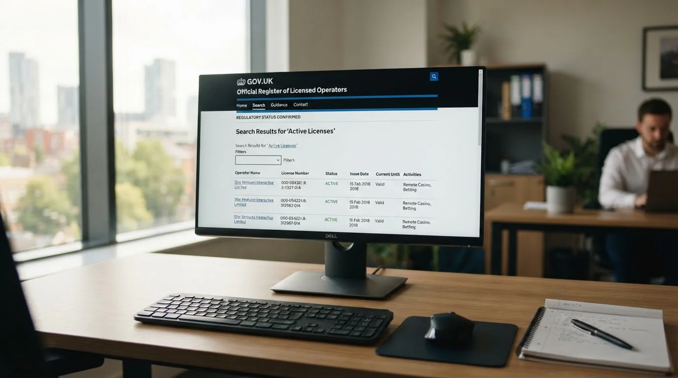 Computer screen showing UK Gambling Commission register website with license search results