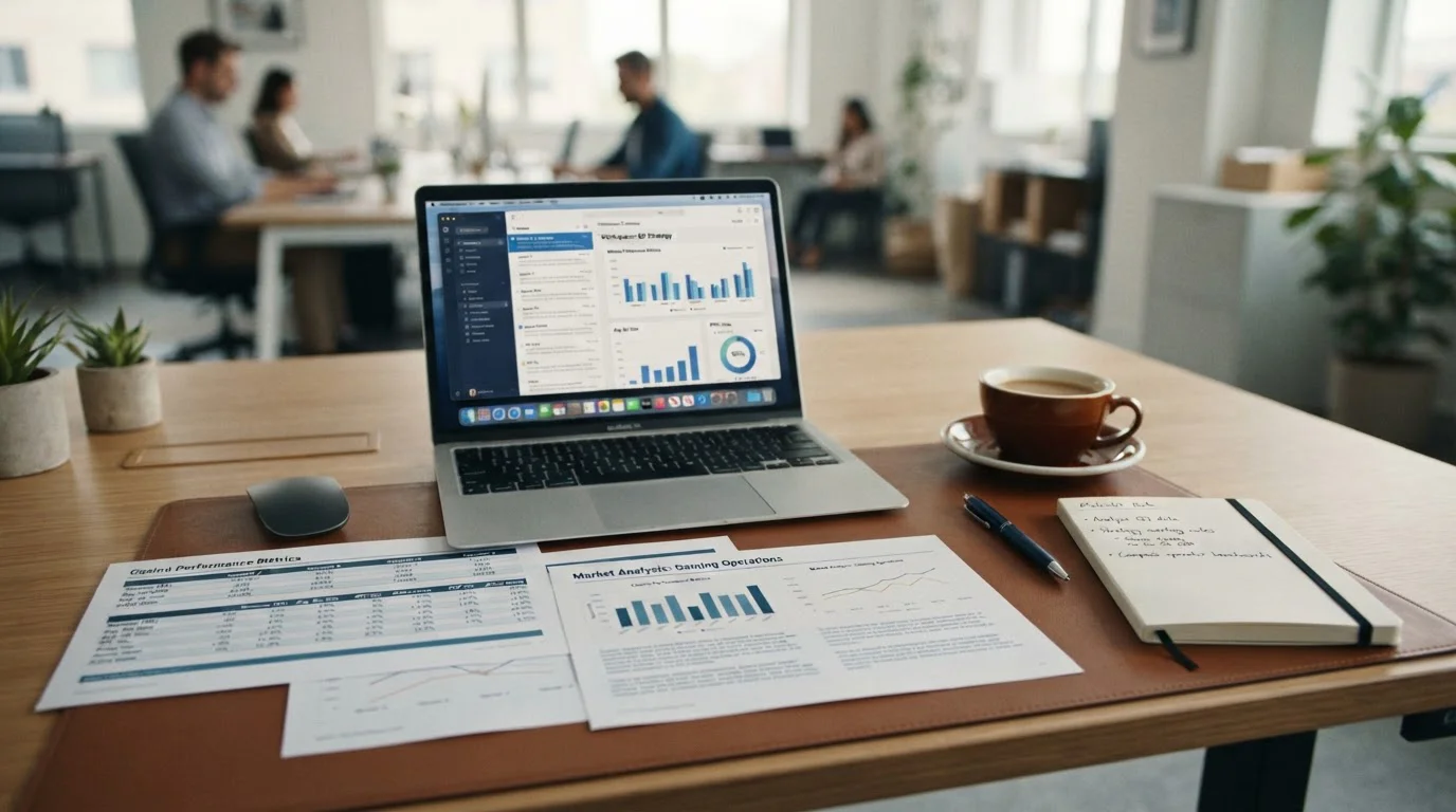 Professional workspace with casino comparison documents and laptop