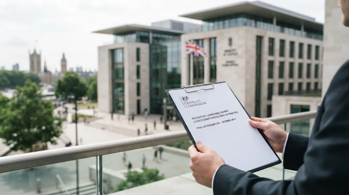 UK Gambling Commission building exterior with regulatory document overlay