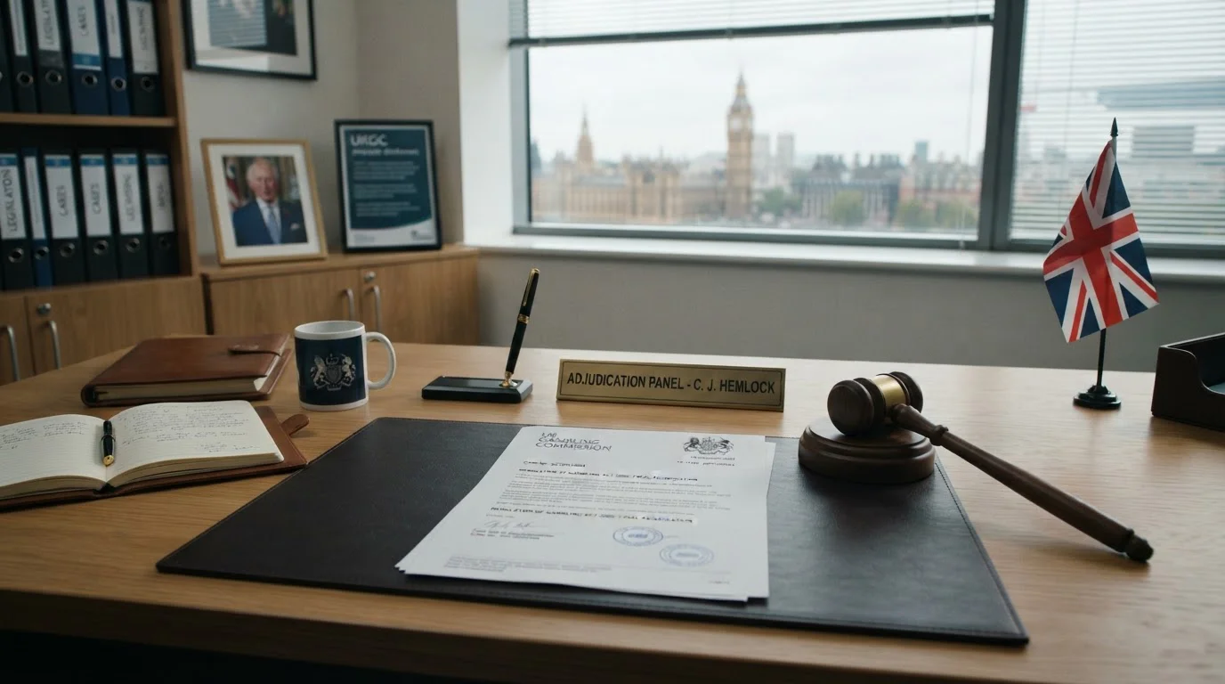 Clean office desk with official UK Gambling Commission document and gavel