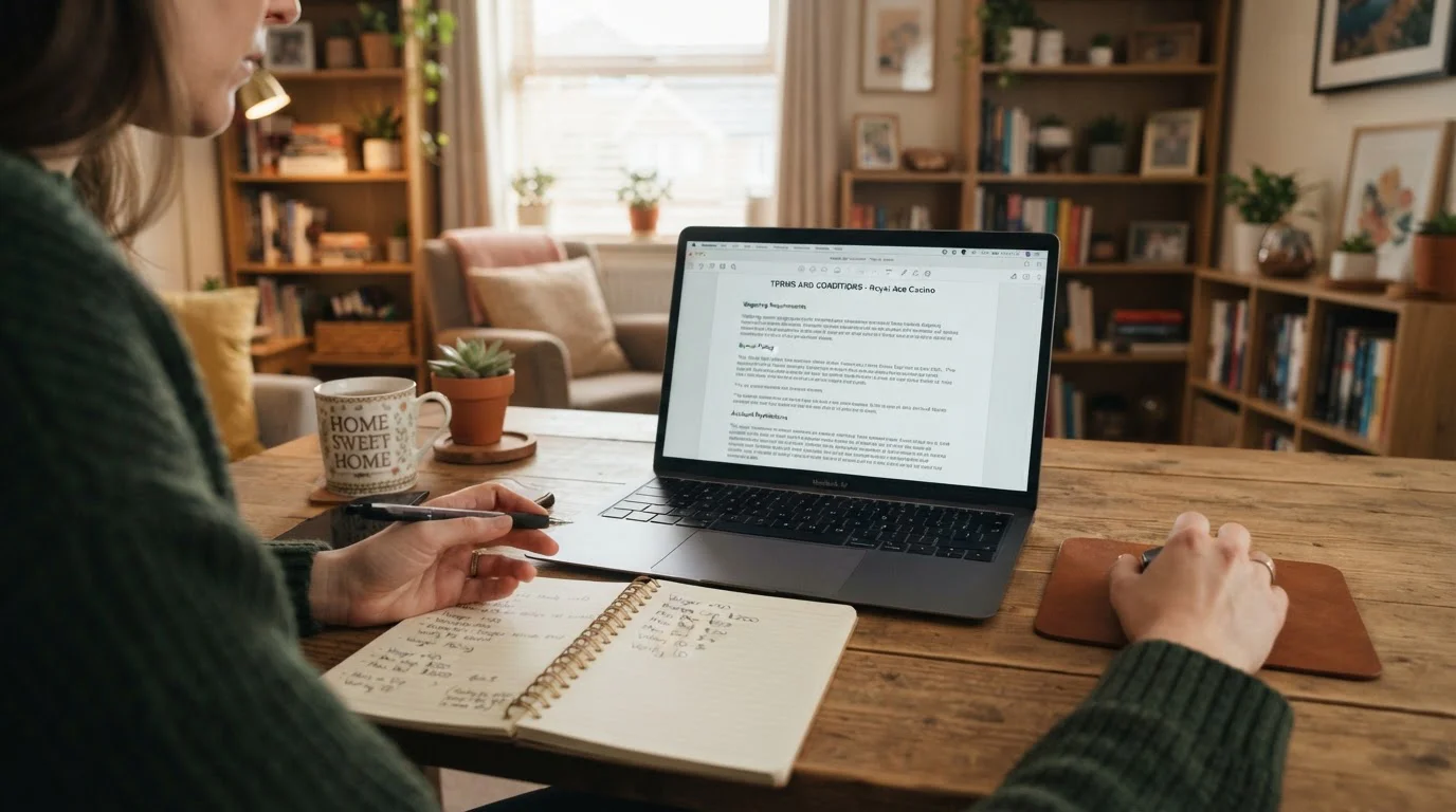 Person reviewing casino welcome bonus terms on laptop with UKGC license documentation