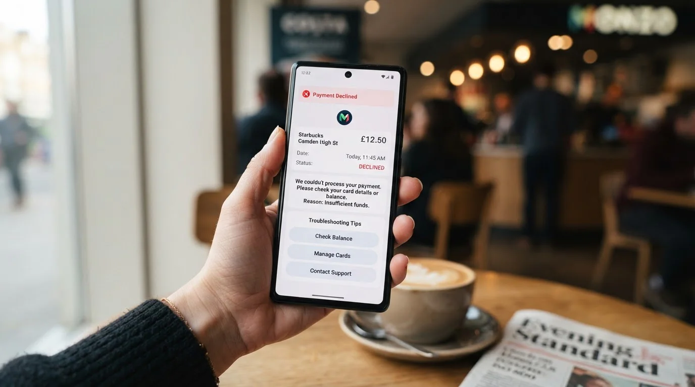 Smartphone displaying declined transaction error message with banking app controls visible