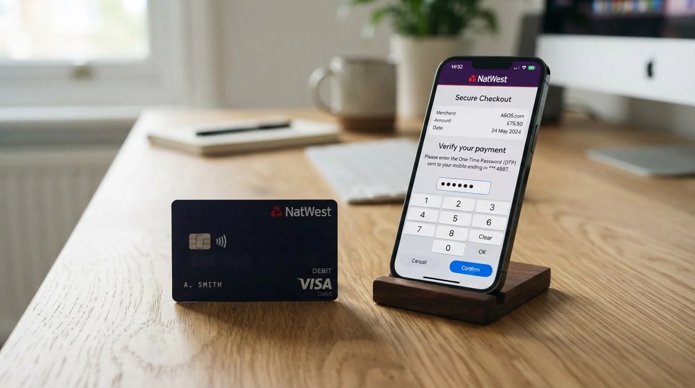 Close-up of Visa debit card with secure 3D authentication prompt on smartphone screen