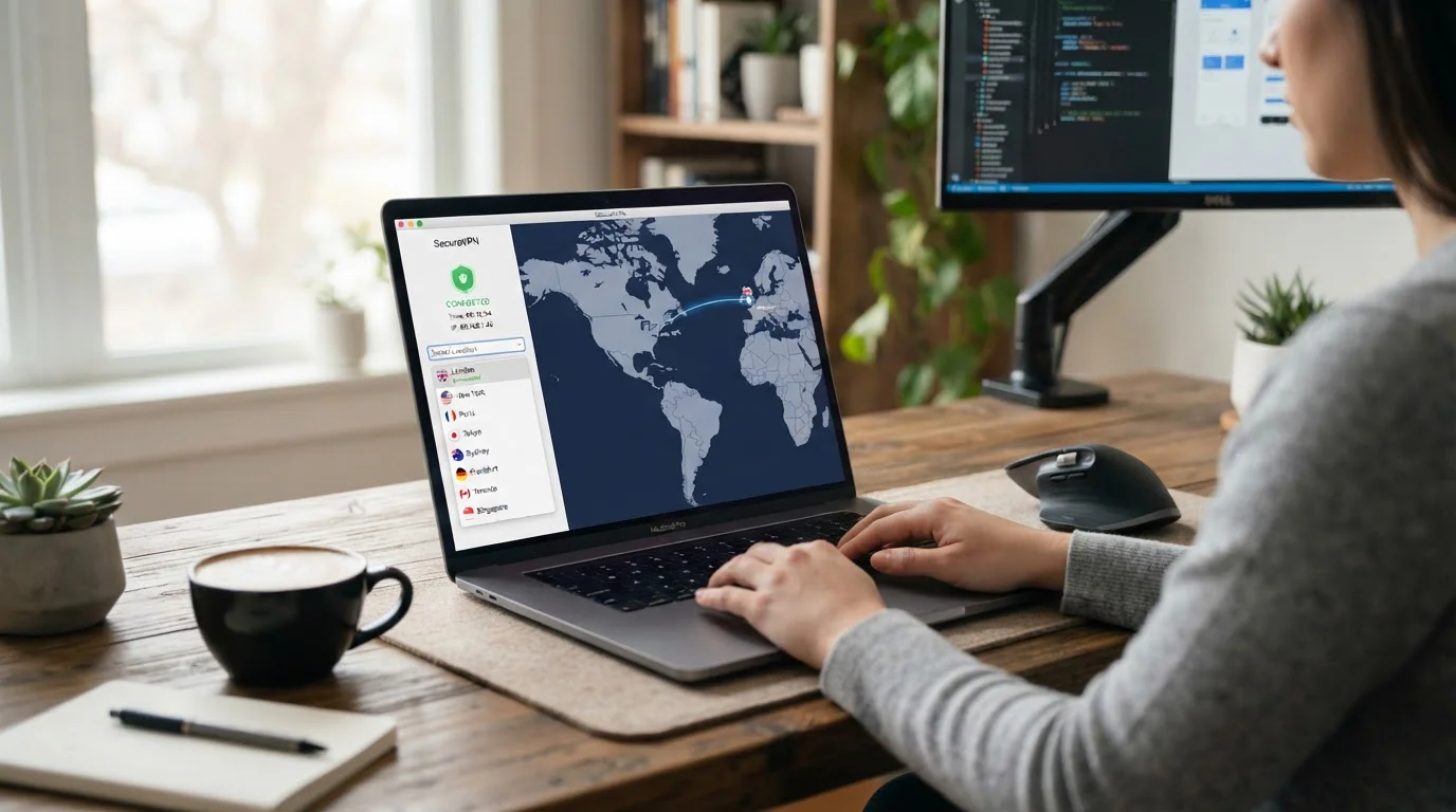 Laptop screen showing VPN connection interface with location selector