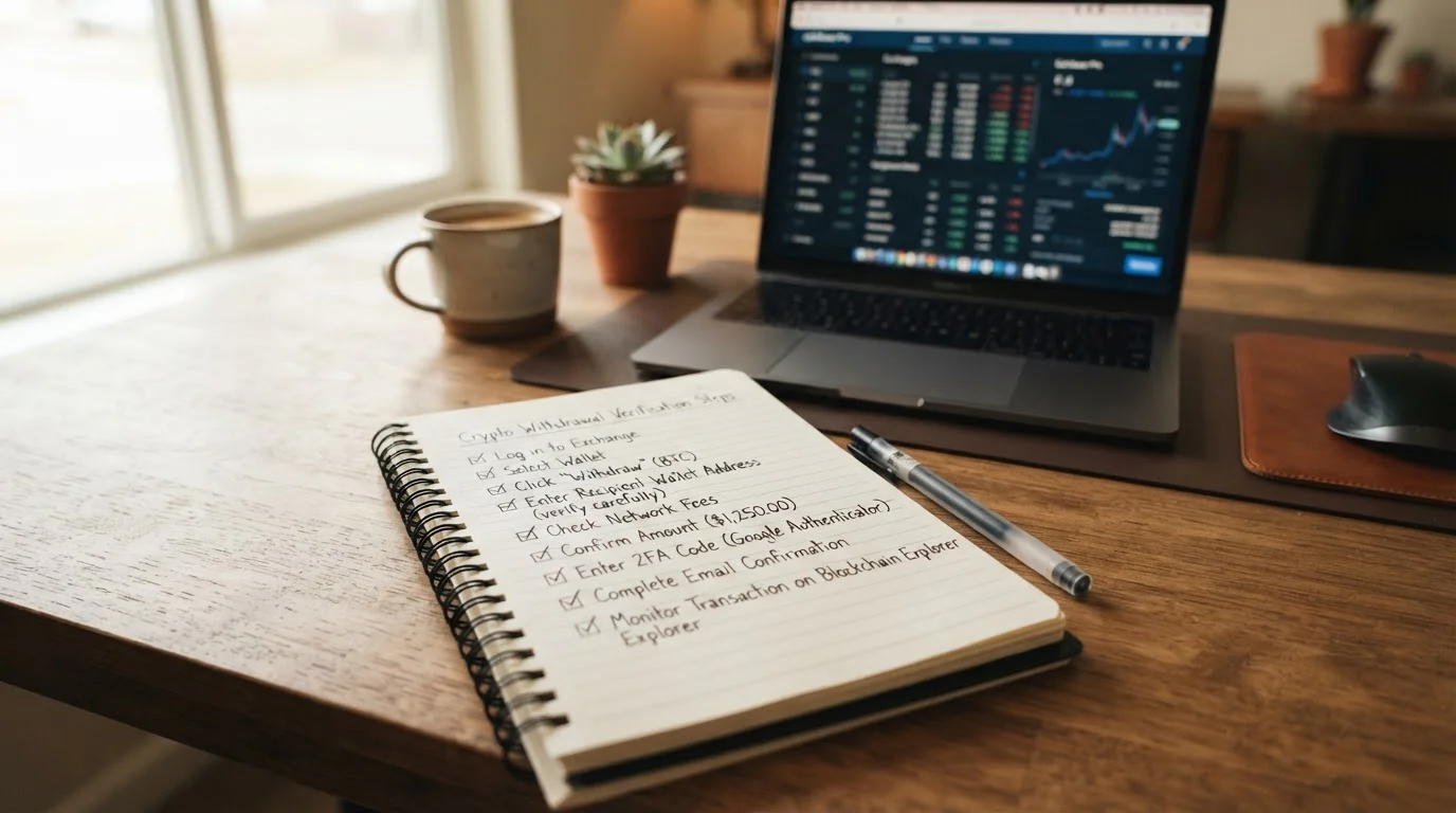 Notebook with handwritten checklist for crypto withdrawal verification steps