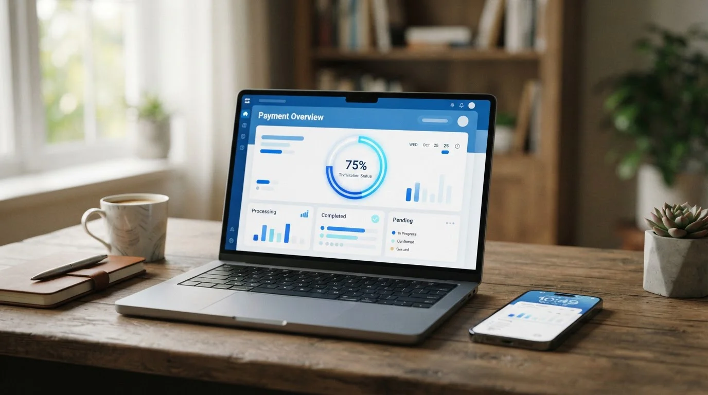 Laptop screen showing payment dashboard with time indicators and smartphone beside it